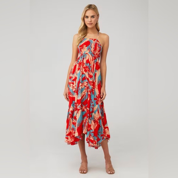Free People Dresses & Skirts - Free People Red Tropical Print Maxi Dress with Blue Accents